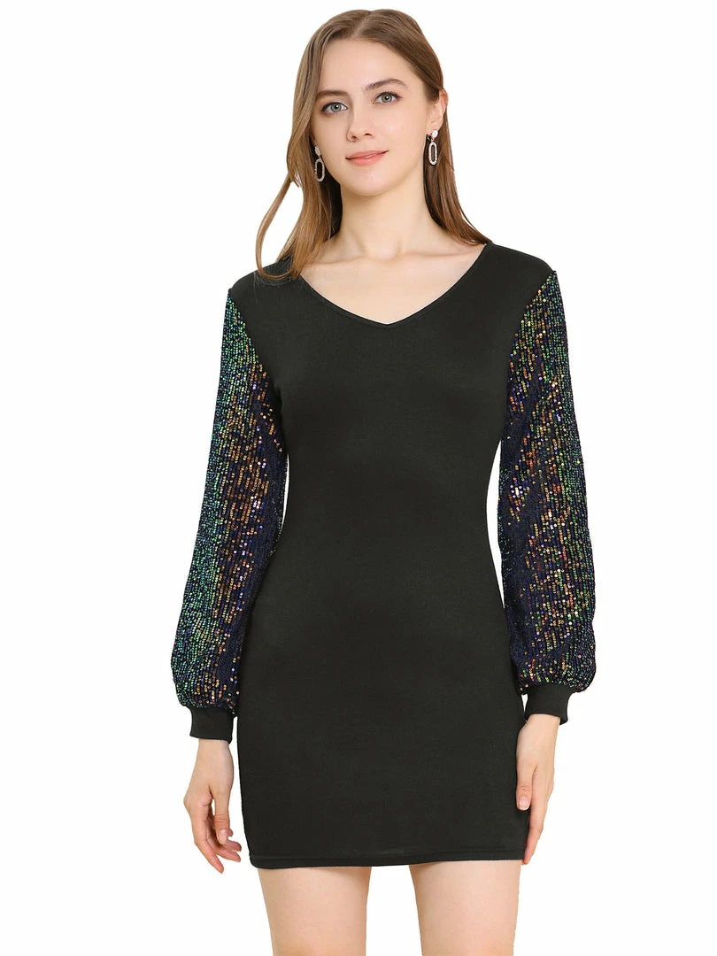Allegra K Women's Metallic Sequin Long Sleeve V Neck Shiny Contrast Color Mini Dress 3 Allegra K Women's Metallic Sequin Long Sleeve V Neck Shiny Contrast Color Mini Dress
