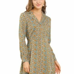 Allegra K Women's Vintage Floral Print Camp Collar Dresses Long Sleeve Button Down Short Shirtdress