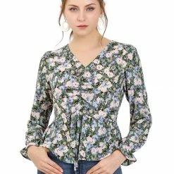 Allegra K Women's V Neck Ruched Long Ruffle Sleeves Floral Printed Peplum Blouse Top