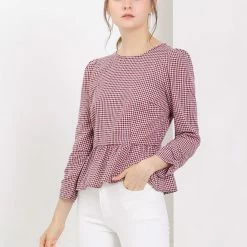 Allegra K Women's Ruffle Puff Sleeve Round Neck Gingham Printed Button Zipper Crop Top Blouse