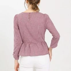 Allegra K Women's Ruffle Puff Sleeve Round Neck Gingham Printed Button Zipper Crop Top Blouse