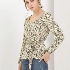 Allegra K Women's Floral Long Sleeve Tops Square Neck Peplum Blouse With Belt