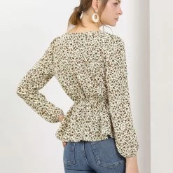 Allegra K Women's Floral Long Sleeve Tops Square Neck Peplum Blouse With Belt