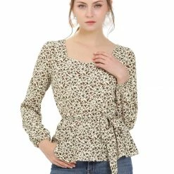 Allegra K Women's Floral Long Sleeve Tops Square Neck Peplum Blouse With Belt