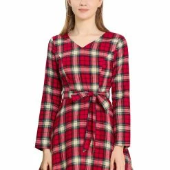 Allegra K Women's Plaids Vintage V Neck Long Sleeve Belted Dress