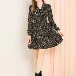 Allegra K Women's Floral Stand Collar Wild Button Decor Leopard Print Dress