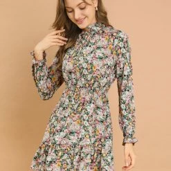 Allegra K Women's Ruffled Collar Long Sleeve Elastic Waist Ruffle Hem Floral Dress