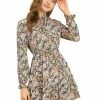 Allegra K Women's Ruffled Collar Long Sleeve Elastic Waist Ruffle Hem Floral Dress
