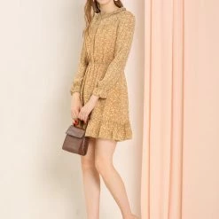 Allegra K Women's Ruffle Neck Elastic Waist Button Front Puff Sleeve Floral Dress