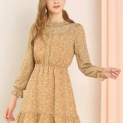 Allegra K Women's Ruffle Neck Elastic Waist Button Front Puff Sleeve Floral Dress 18 Allegra K Women's Ruffle Neck Elastic Waist Button Front Puff Sleeve Floral Dress