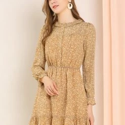 Allegra K Women's Ruffle Neck Elastic Waist Button Front Puff Sleeve Floral Dress 19 Allegra K Women's Ruffle Neck Elastic Waist Button Front Puff Sleeve Floral Dress