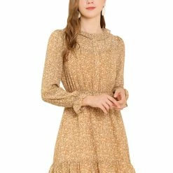 Allegra K Women's Ruffle Neck Elastic Waist Button Front Puff Sleeve Floral Dress