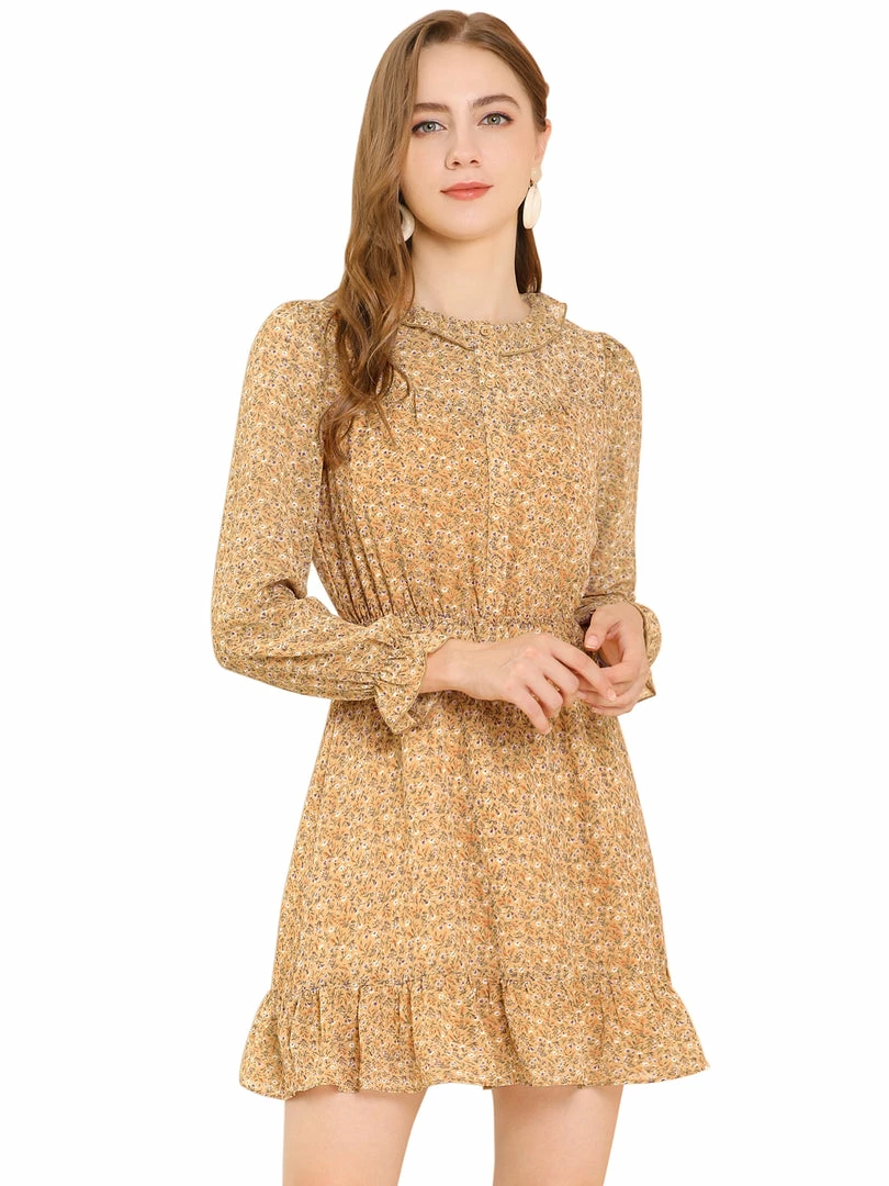 Allegra K Women's Ruffle Neck Elastic Waist Button Front Puff Sleeve Floral Dress 3 Allegra K Women's Ruffle Neck Elastic Waist Button Front Puff Sleeve Floral Dress