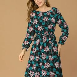Allegra K Women's Floral Raglan Sleeves Boat Neck Elastic Waist Belted Dress