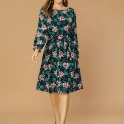 Allegra K Women's Floral Raglan Sleeves Boat Neck Elastic Waist Belted Dress