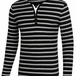 Allegra K Men's Striped Tees V Neck Long Sleeve Black And White Stripe T-shirt