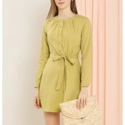 Allegra K Women's Elegant Long Sleeve Round Neck Tie Waist Belted Mini Button Down Dress