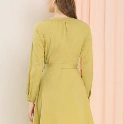 Allegra K Women's Elegant Long Sleeve Round Neck Tie Waist Belted Mini Button Down Dress