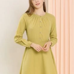 Allegra K Women's Elegant Long Sleeve Round Neck Tie Waist Belted Mini Button Down Dress