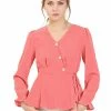 Allegra K Women's Work Office V Neck Tie Waist Button Decor Long Sleeves Peplum Blouse Top