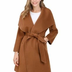 Allegra K Women's Elegant Shawl Collar Lapel Long Sleeve Belted Winter Wrap Coat With Pockets