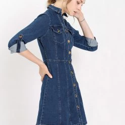 Allegra K Women's Denim Button Down Collar V-Neck Roll Up Sleeve Shirt Dress 30 Allegra K Women's Denim Button Down Collar V-Neck Roll Up Sleeve Shirt Dress