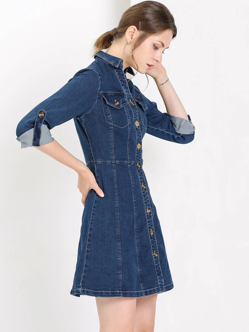 Allegra K Women's Denim Button Down Collar V-Neck Roll Up Sleeve Shirt Dress 6 Allegra K Women's Denim Button Down Collar V-Neck Roll Up Sleeve Shirt Dress