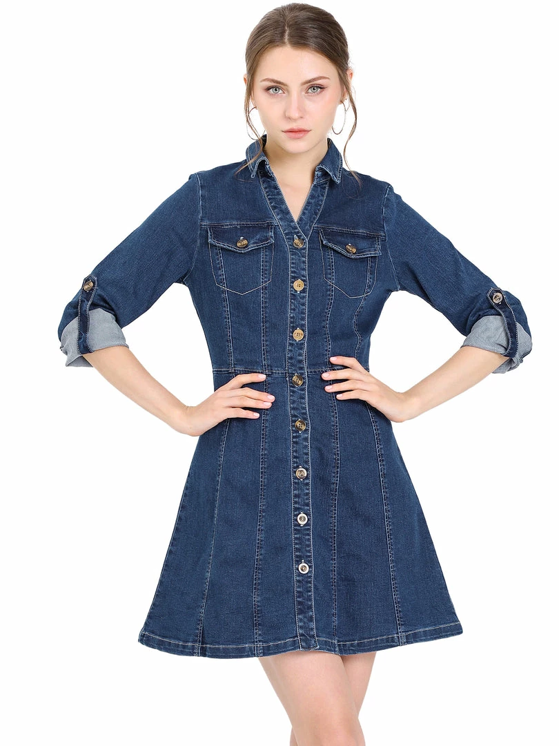 Allegra K Women's Denim Button Down Collar V-Neck Roll Up Sleeve Shirt Dress 3 Allegra K Women's Denim Button Down Collar V-Neck Roll Up Sleeve Shirt Dress