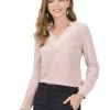 Allegra K Women's Lace V Neck Long Sleeve Casual Elegant Chiffon Tops