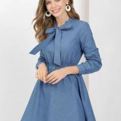 Allegra K Women's Work Tie Neck Long Sleeve Elastic Waisted Fit And Flare Denim Mini Dress