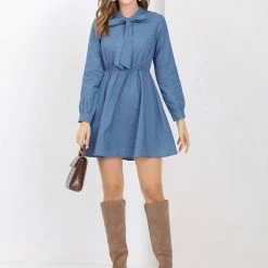 Allegra K Women's Work Tie Neck Long Sleeve Elastic Waisted Fit And Flare Denim Mini Dress