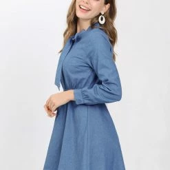 Allegra K Women's Work Tie Neck Long Sleeve Elastic Waisted Fit And Flare Denim Mini Dress
