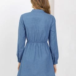 Allegra K Women's Work Tie Neck Long Sleeve Elastic Waisted Fit And Flare Denim Mini Dress