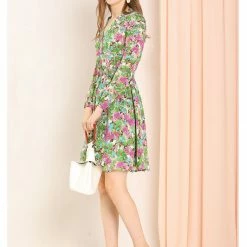 Allegra K Women's Split V Neck Button Up High Elastic Waist Fit And Flare Floral Dress