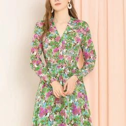 Allegra K Women's Split V Neck Button Up High Elastic Waist Fit And Flare Floral Dress