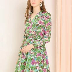 Allegra K Women's Split V Neck Button Up High Elastic Waist Fit And Flare Floral Dress