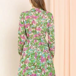 Allegra K Women's Split V Neck Button Up High Elastic Waist Fit And Flare Floral Dress