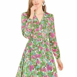Allegra K Women's Split V Neck Button Up High Elastic Waist Fit And Flare Floral Dress