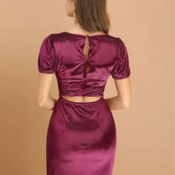 Allegra K Women's Velvet Bubble Sleeve V Neck A-Line Back Keyhole Short Dress