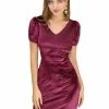 Allegra K Women's Velvet Bubble Sleeve V Neck A-Line Back Keyhole Short Dress