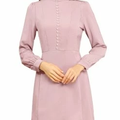 Allegra K Women's Elegant Mock Neck Faux Pearl Decor Puff Long Sleeves Sheath Dress