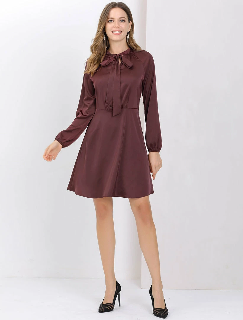 Allegra K Women's Bow Tie Neck Raglan Sleeve Cinched Waist Dress 5 Allegra K Women's Bow Tie Neck Raglan Sleeve Cinched Waist Dress