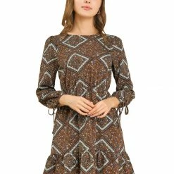 Allegra K Women's Casual 50s Long Sleeves Retro Boho Dresses Round Neck Ruffle Spring Dress
