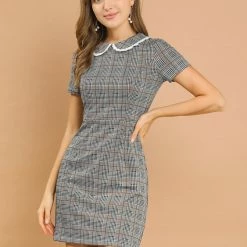 Allegra K Women‘s Short Sleeve Contrast Collar Slim Fit Stretchy Houndstooth Mini Dress