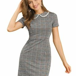 Allegra K Women‘s Short Sleeve Contrast Collar Slim Fit Stretchy Houndstooth Mini Dress