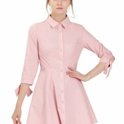 Allegra K Women's Turn Down Collar Button Down Cotton Skater Shirt Dress
