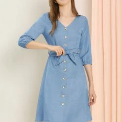 Allegra K Women's V Neck 3/4 Sleeve Button Down Shirt Dress With Belt