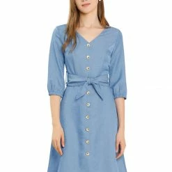 Allegra K Women's V Neck 3/4 Sleeve Button Down Shirt Dress With Belt