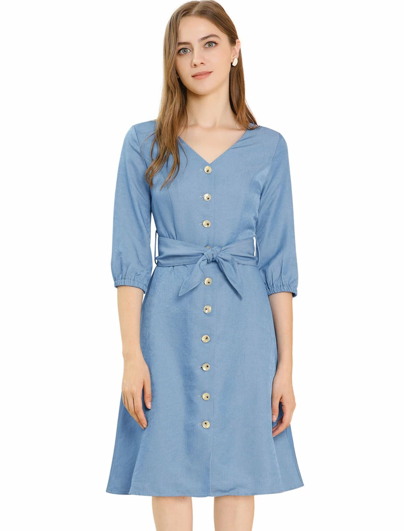 Allegra K Women's V Neck 3/4 Sleeve Button Down Shirt Dress With Belt 3 Allegra K Women's V Neck 3/4 Sleeve Button Down Shirt Dress With Belt