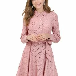 Allegra K Women's Polka Dots Long Sleeve Button Up A Line Shirt Dress